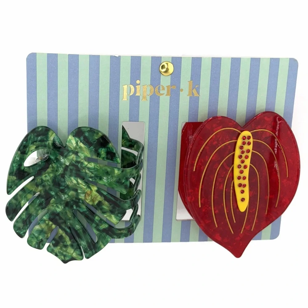 Piper K Anthurium and Palm Tree Leaf Hair Claw Clips Set of 2 Red Green Yellow